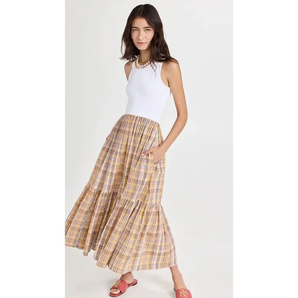 Tanya‎ Taylor Womens White Multi Plaid Camilla Cutout Maxi A-Line Dress XS